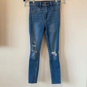 Abercrombie Skinny Jeans Distressed Frayed Raw Hem Blue Denim High Rise Size 26